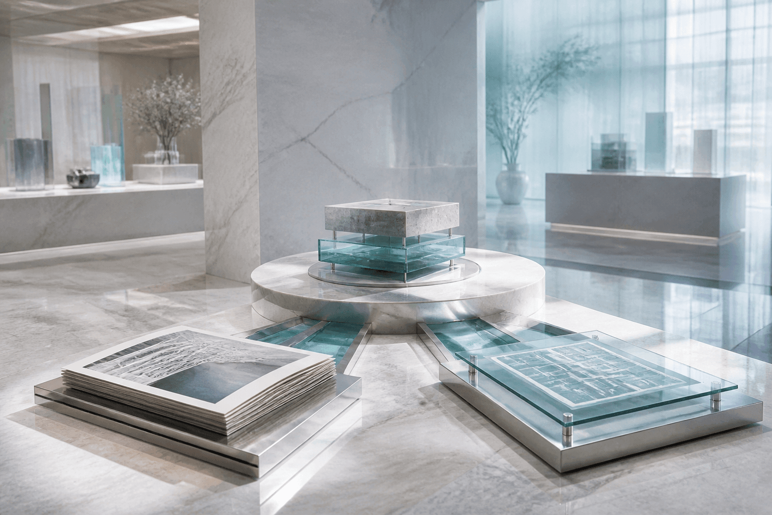 A luminous marble studio where three glass and silver creative pathways converge around one central plinth.