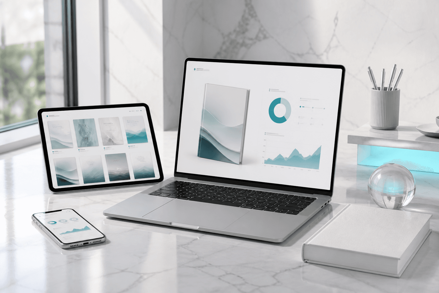A marble author workspace with responsive devices displaying book catalog and analytics layouts.