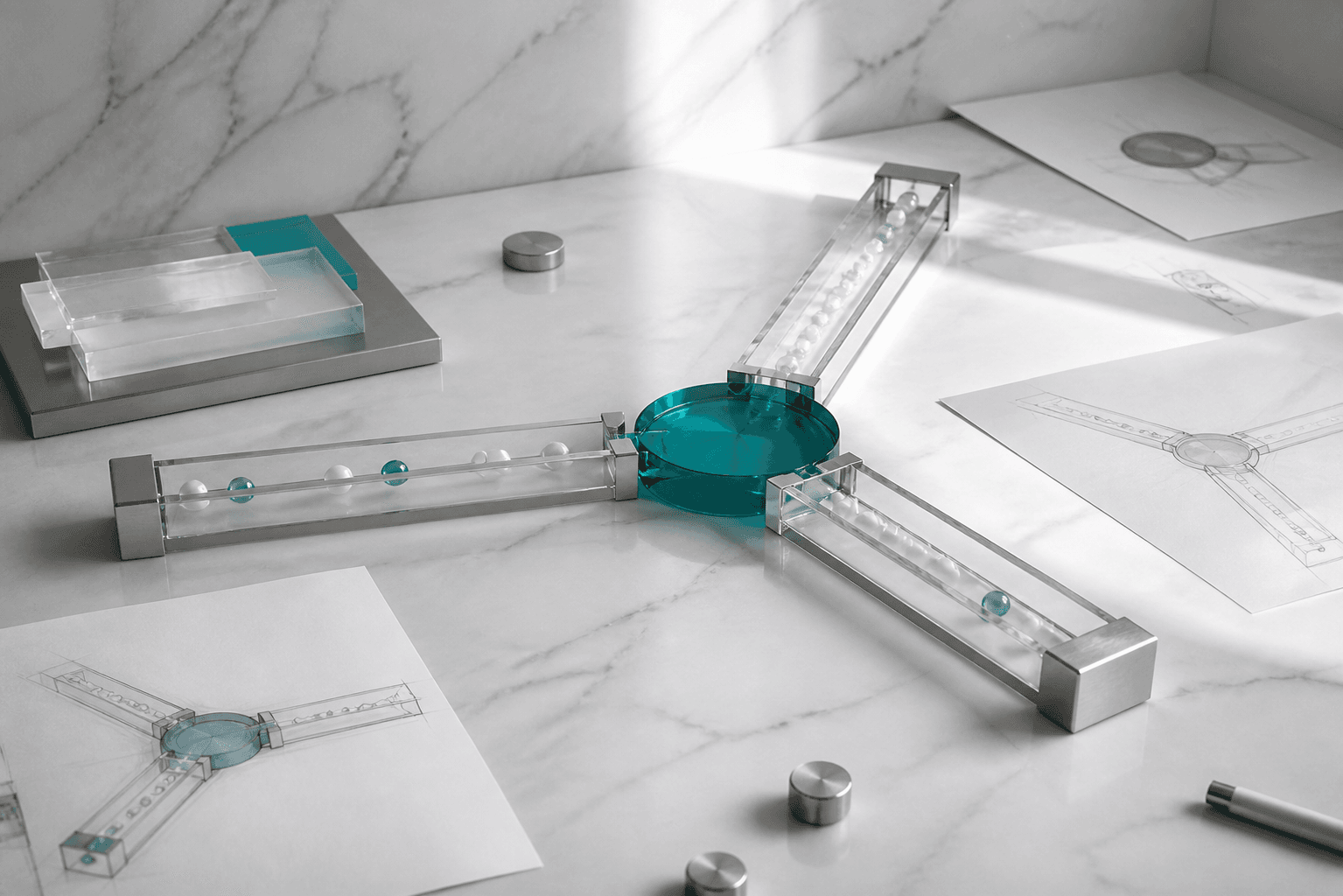 A photographed physical process model with glass and silver channels joining at a teal hub.