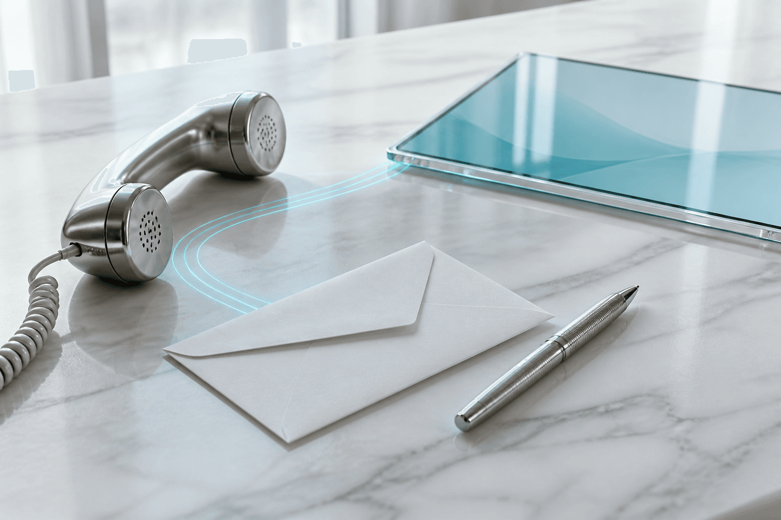 A refined communications desk with a silver telephone, vellum envelope, pen, and glass tablet linked by cyan light.