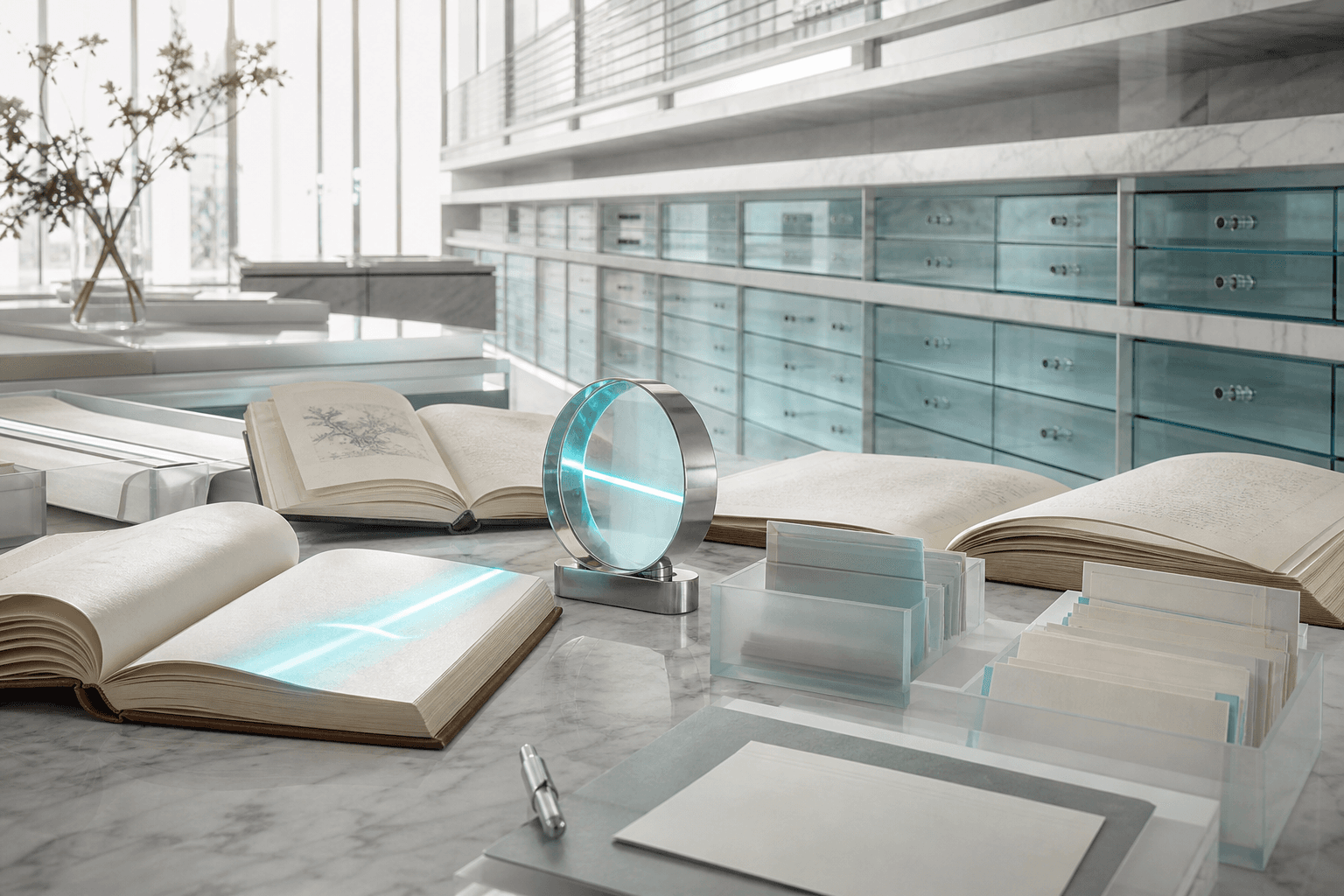 An illuminated knowledge archive with open books, glass index drawers, and an optical lens revealing a selected page.