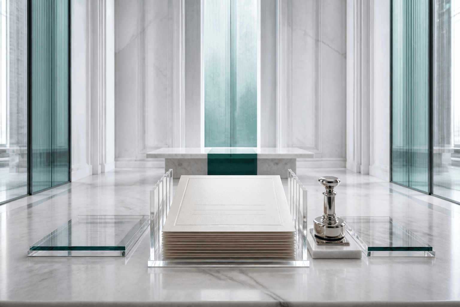 An ordered marble document chamber with vellum agreements, glass dividers, and a polished silver seal press.