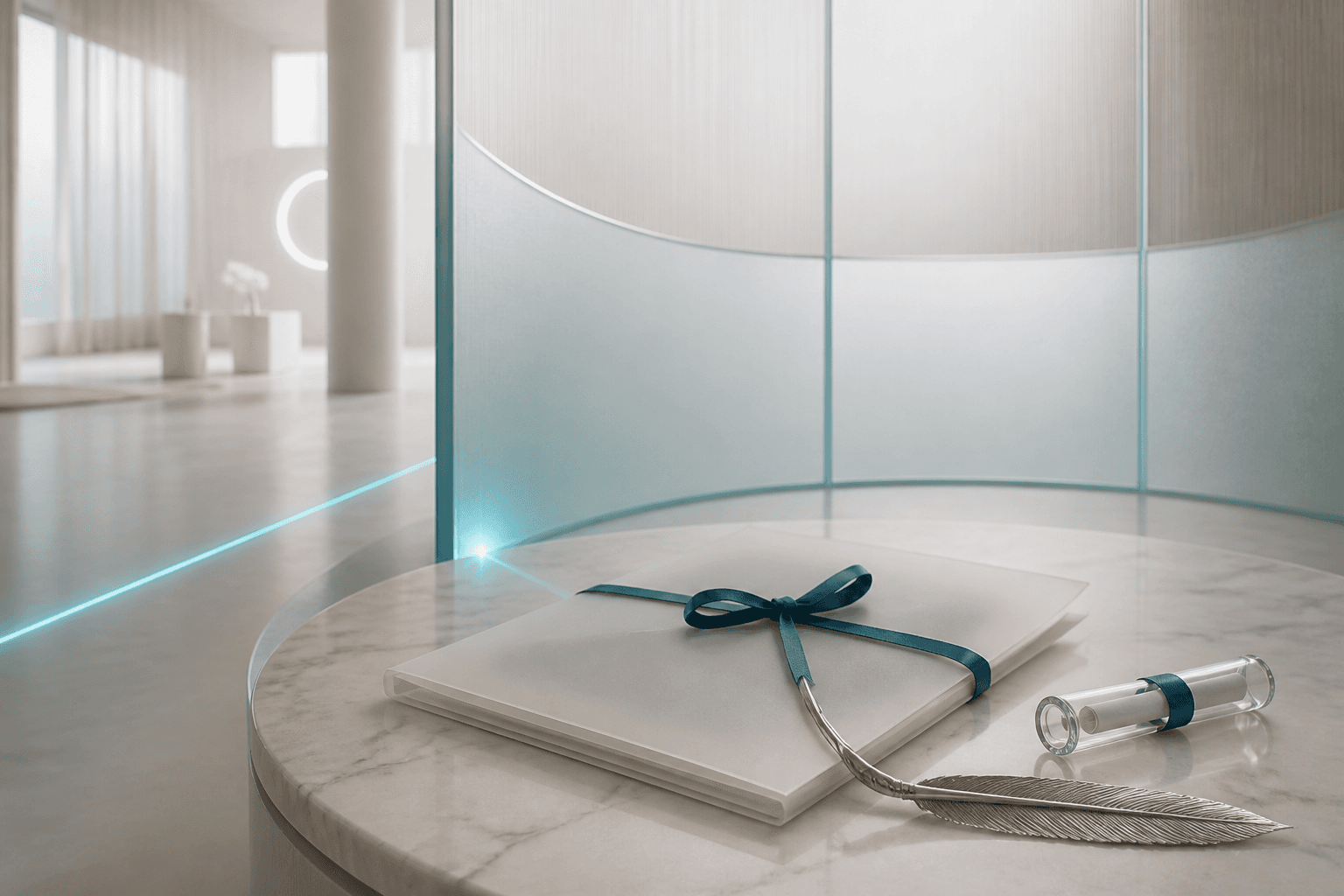 A private frosted-glass consultation alcove with a ribbon-bound vellum portfolio, silver quill, and glass message capsule.