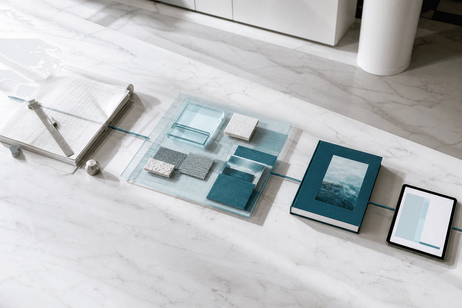 A precise publishing and digital workflow arranged from manuscript and material studies to finished book and interface.