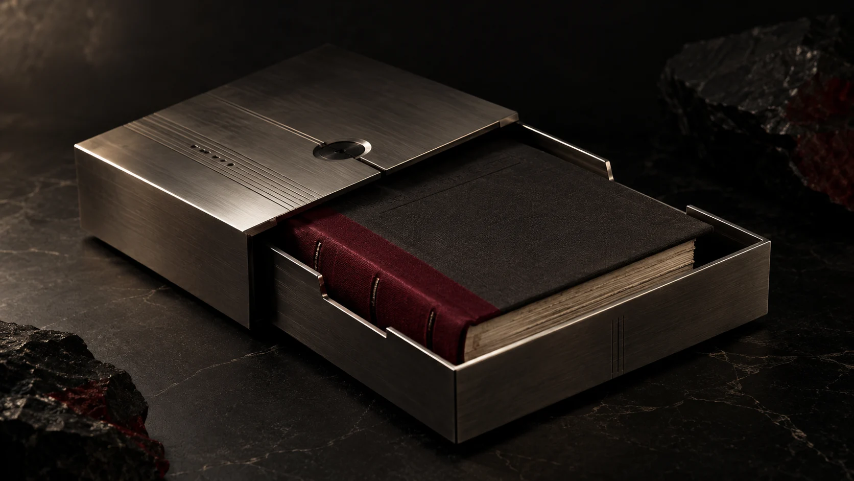 Titanium archival cassette with a garnet-bound book — concept artwork