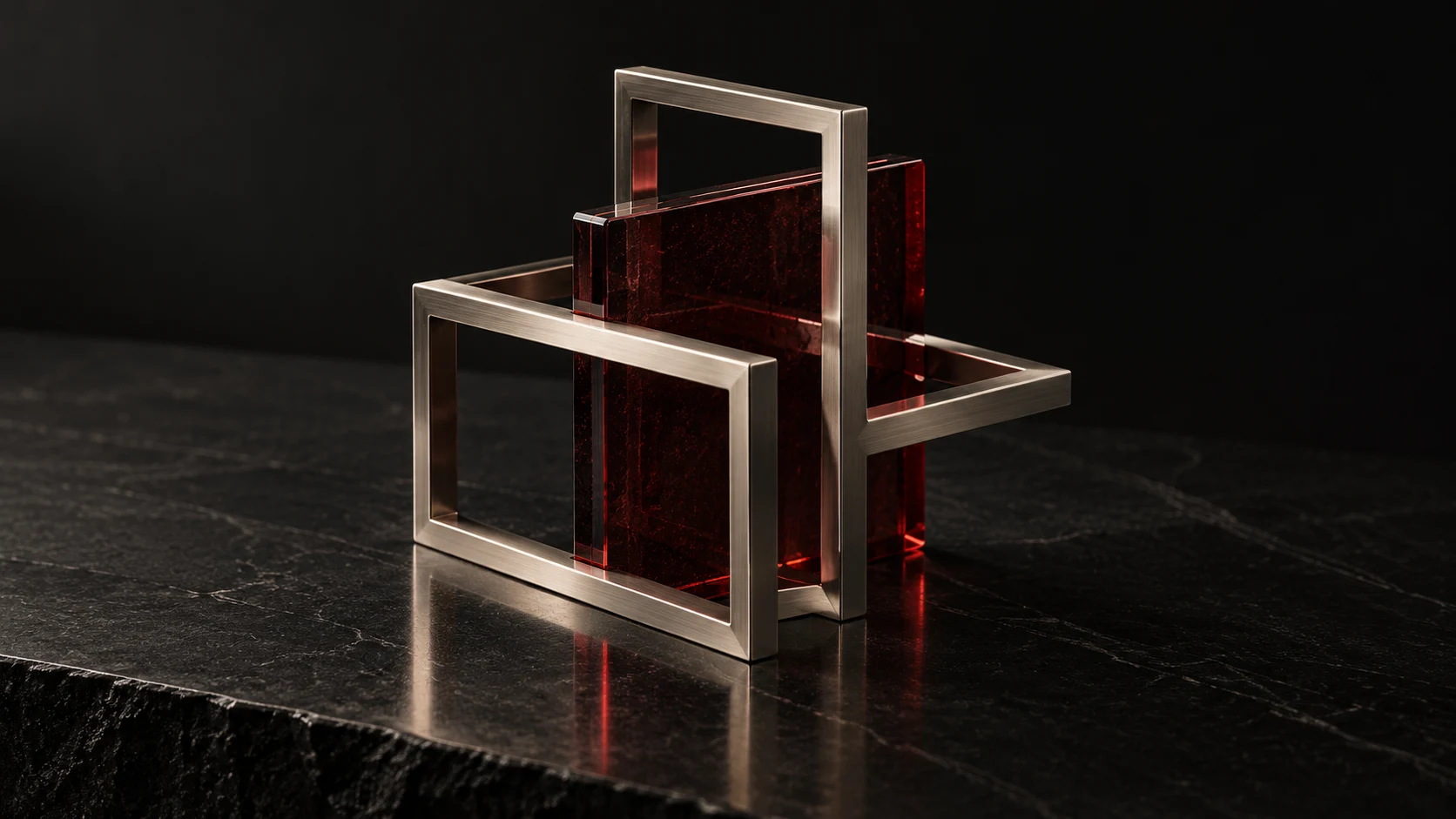 Interlocking titanium frames and garnet glass — concept artwork